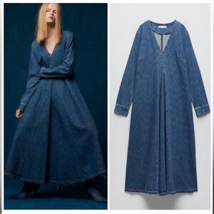 NWOT Zara  Blogger Favorite Denim Jeans Pull Iver V Neck maxi Dress Sold out 📌
